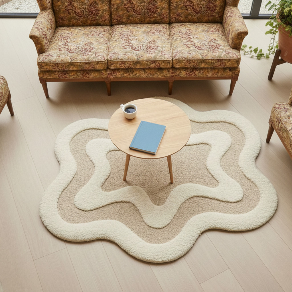 Hand Tufted Wool Wavy Rug: Sculpted High-Low Pile, Cream & Beige gallery