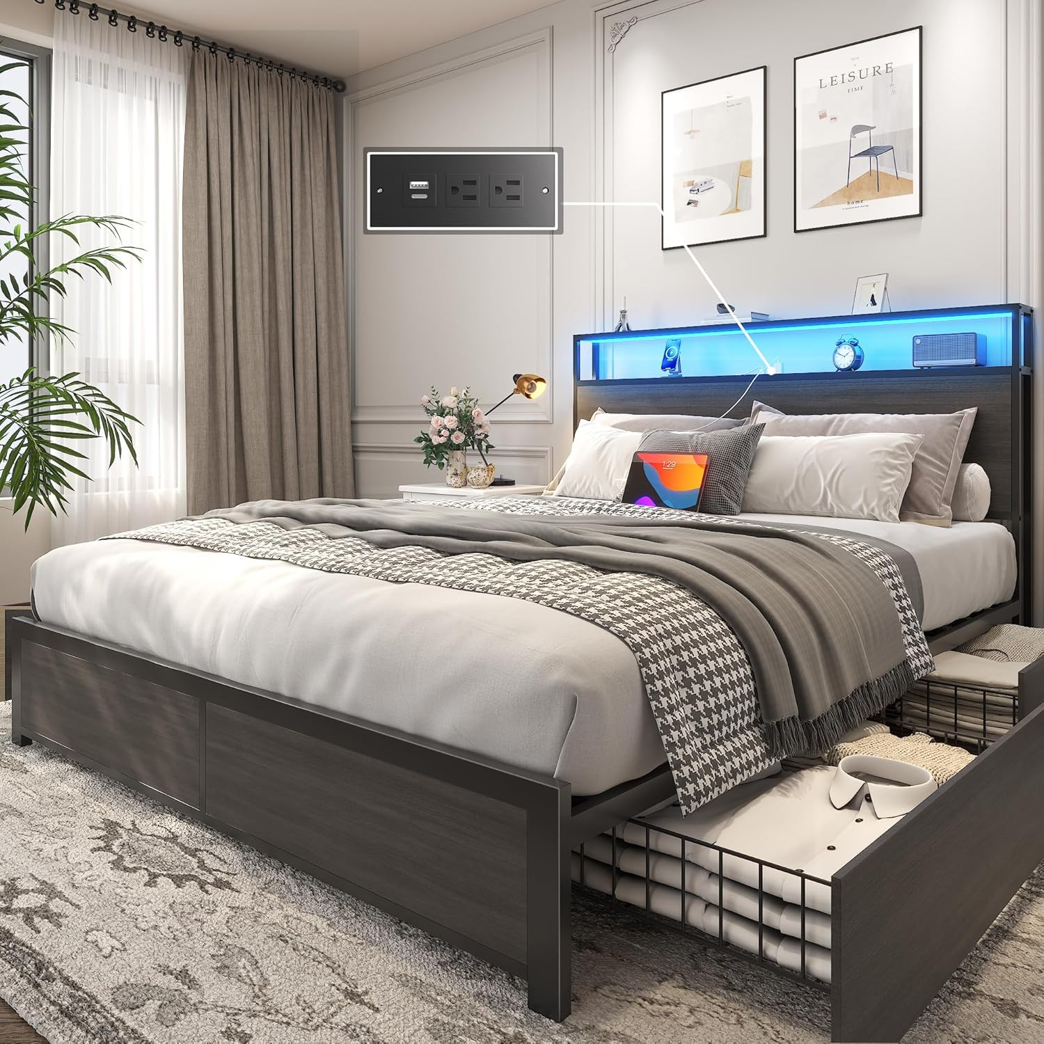 Rustic Grey Queen Bed Frame with Storage Headboard & Charging Station gallery