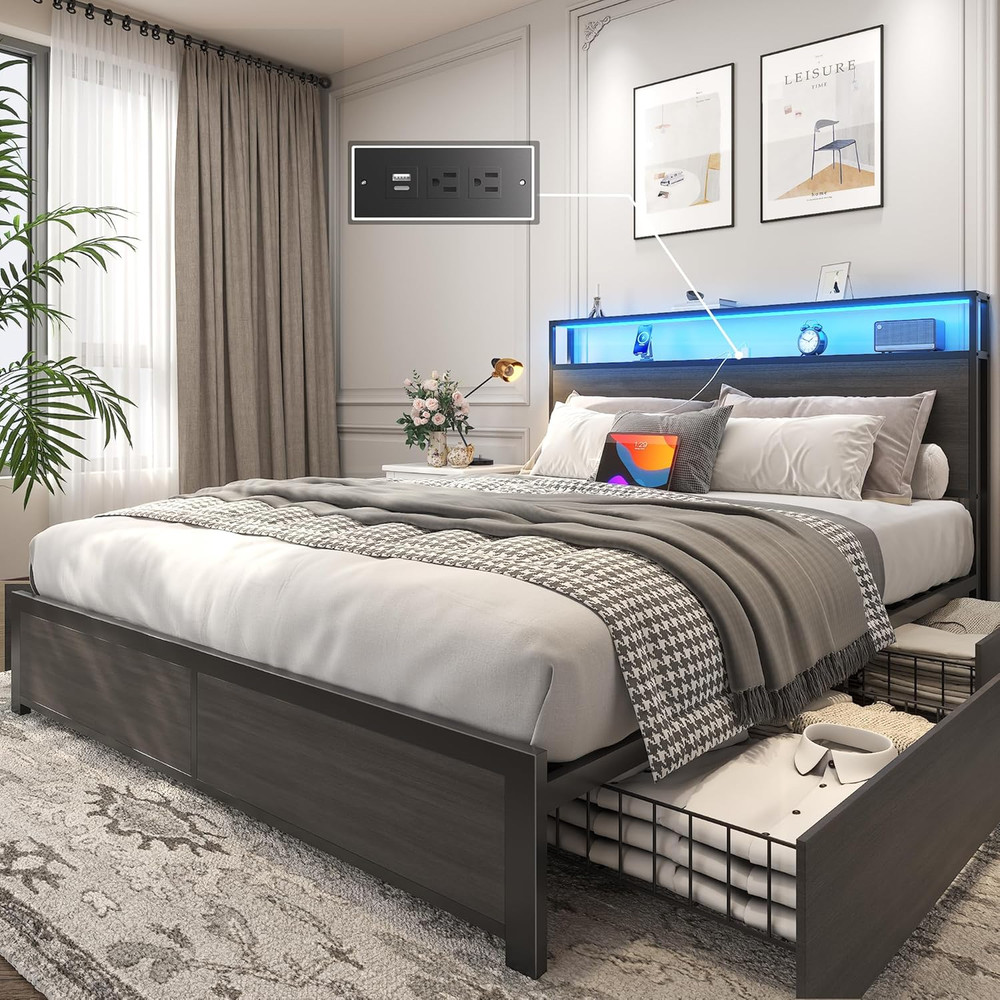 Rustic Grey Queen Bed Frame with Storage Headboard & Charging Station
