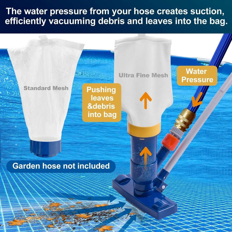 Manual Pool Vacuum for Above Ground Pools - 56" Pole, Fine Mesh Bag, Jet Cleaner gallery