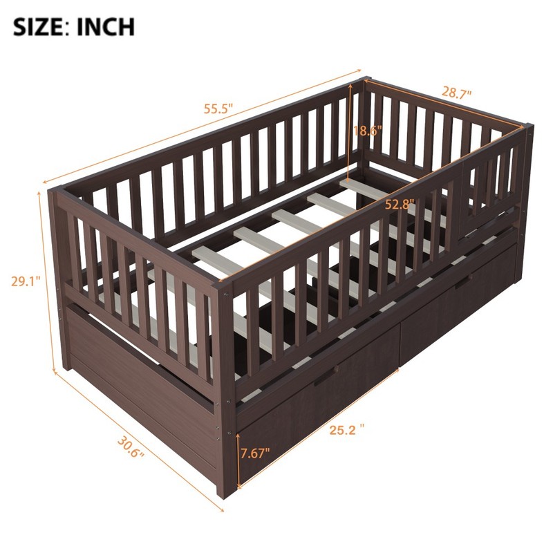 Convertible Toddler Bed Frame with Storage Drawers, 3-in-1 Solid Wood Daybed gallery