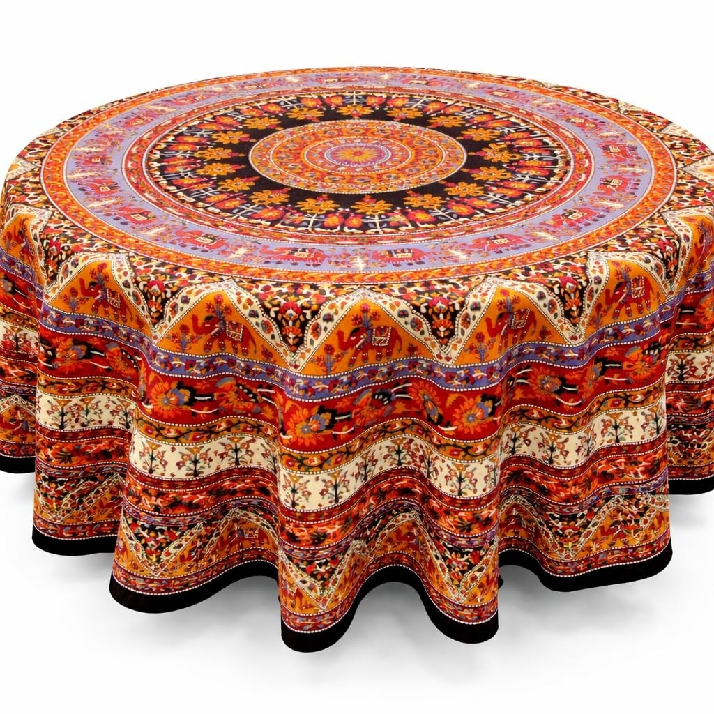 India Arts Indian Mandala Print Round Cotton Tablecloth 76" Brown gallery