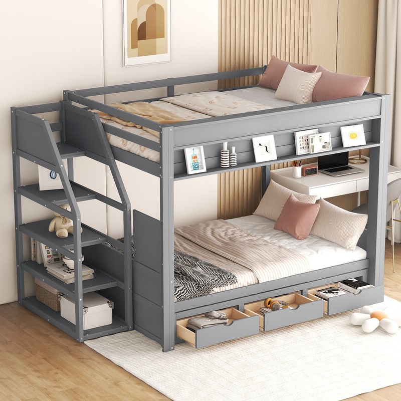 Full Size Bunk Bed with Convertible Storage Staircase, & Underbed Drawers, Gray gallery