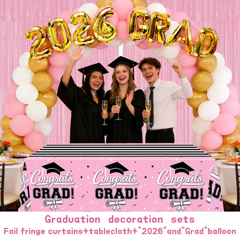 7-Pack Graduation Party Decorations Set, 3 Pink Graduation Tablecloths 54X108In, gallery