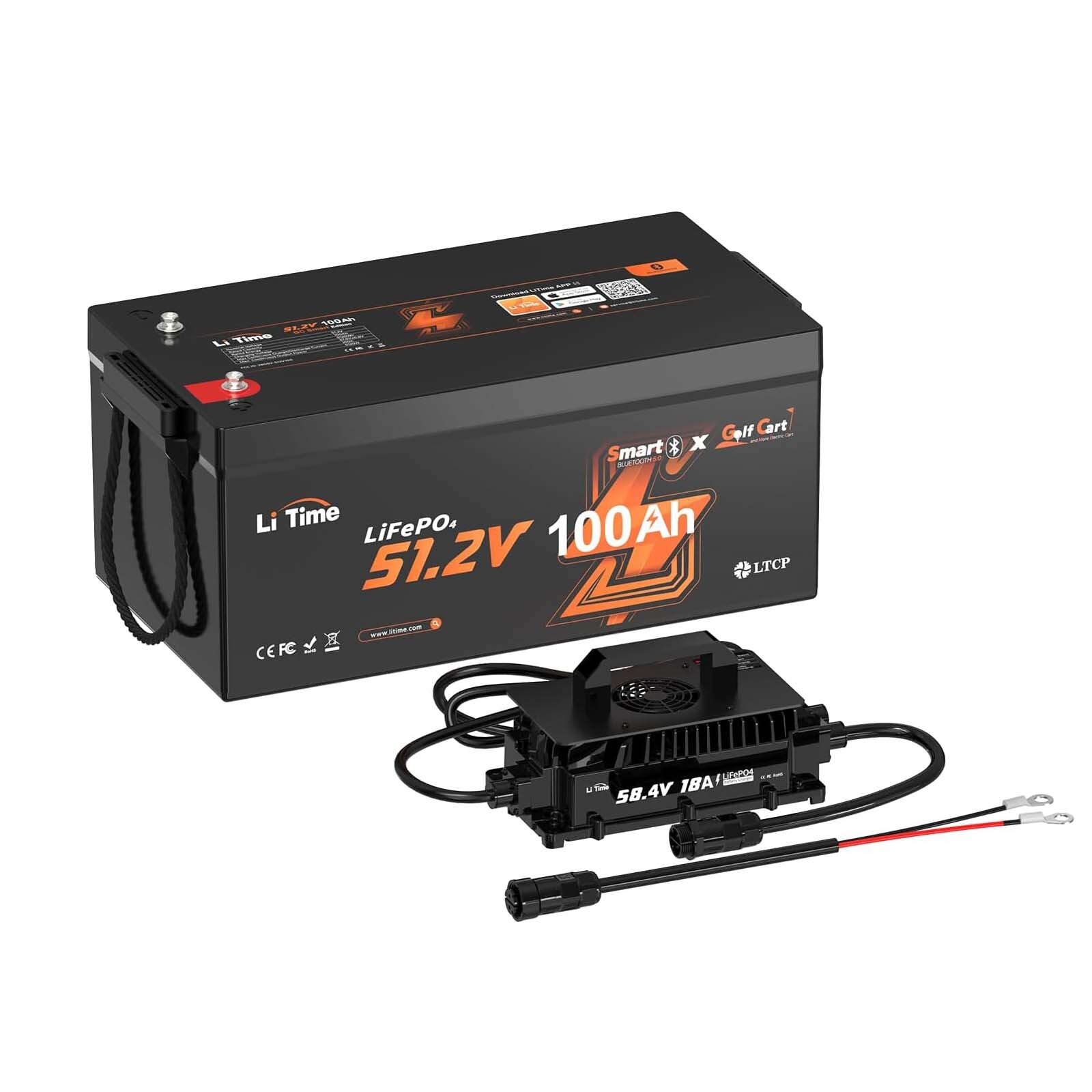 LiTime 48V 100Ah Bluetooth Golf Cart LiFePO4 Lithium Battery + 58.4V 18A Charger gallery