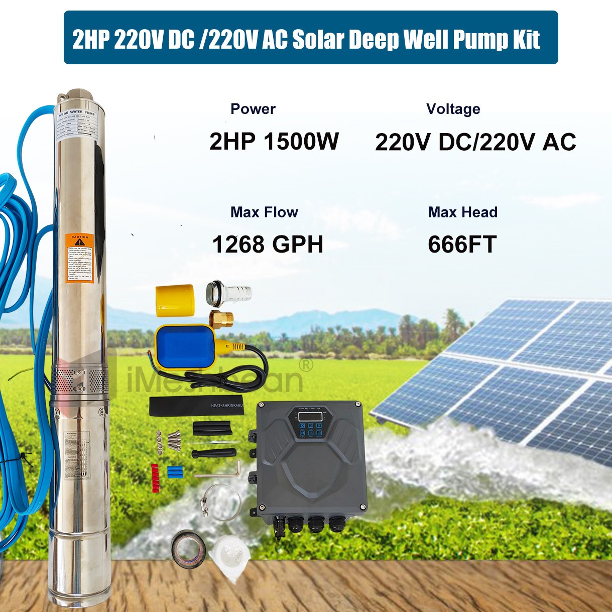 4" AC/DC 220V Solar Powered Bore Well Water Pump 2HP Submersible Hybrid Deep gallery