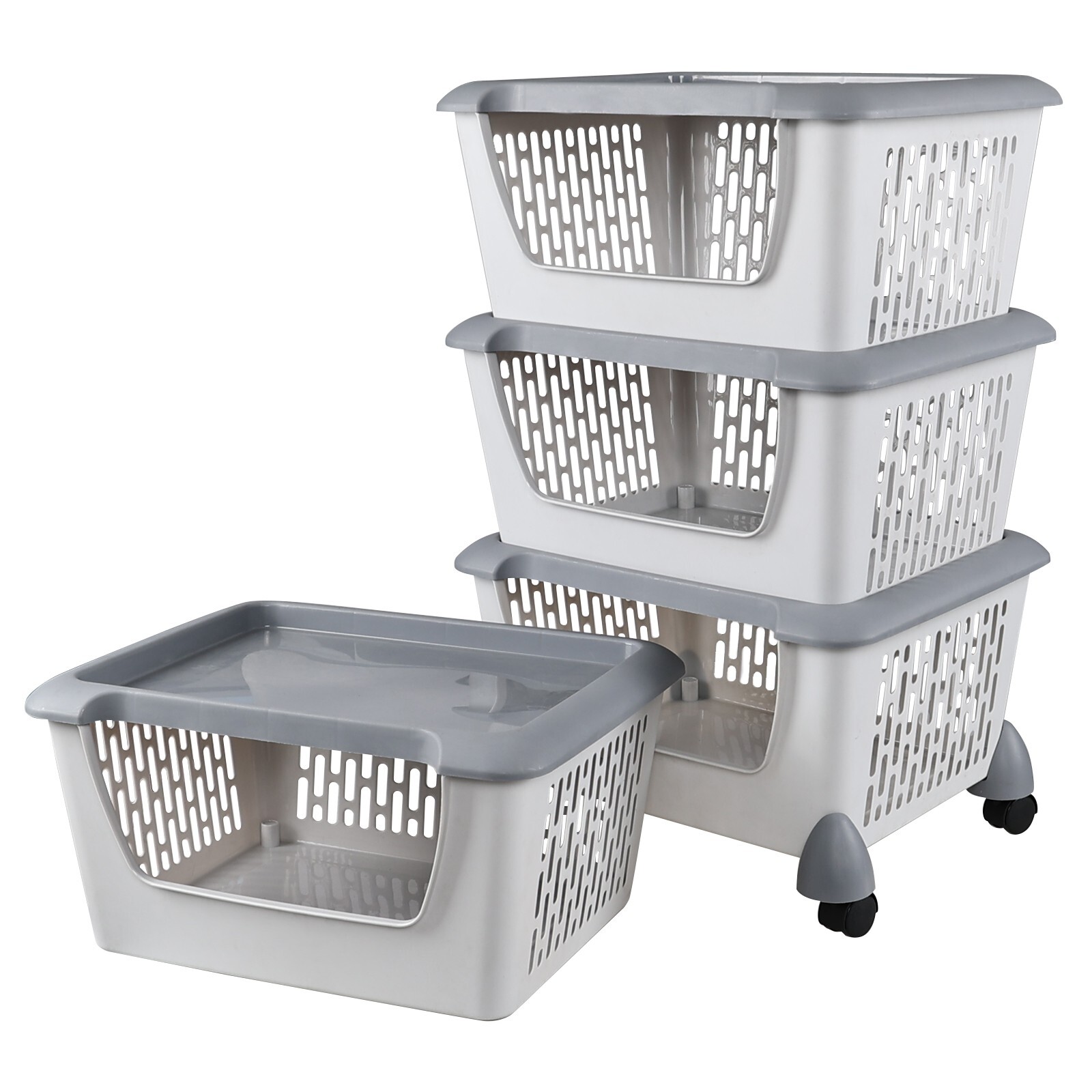 Kekow 4-Packs Plastic Stackable Storage Bins Large Storage Basket with Wheels gallery