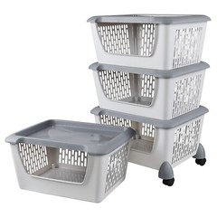 Kekow 4-Packs Plastic Stackable Storage Bins Large Storage Basket with Wheels