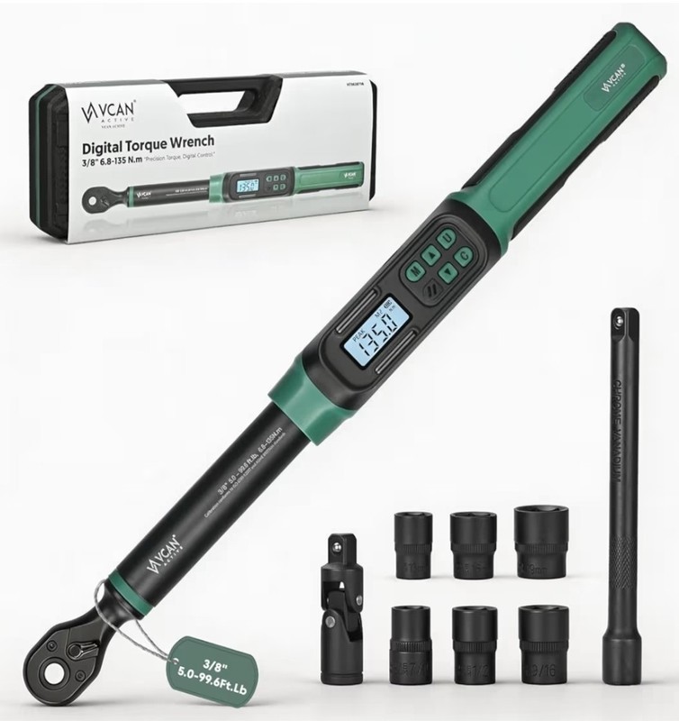 VCAN ACTIVE 3/8 Digital Torque Wrench Set 5-99.6 ft-lb Complete SET NEW gallery