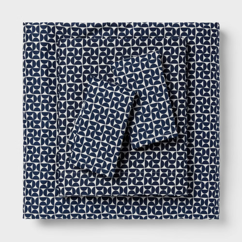 Full Cotton Blend Sateen Sheet Set Navy Geo - Room Essentials gallery