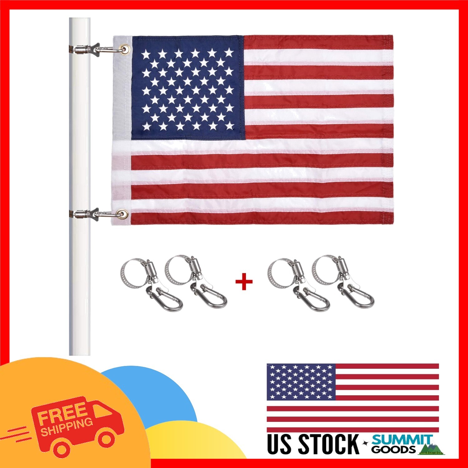 Durable Marine Flag Kit - 18"L x 12"W American Flag with Pole Accessories gallery
