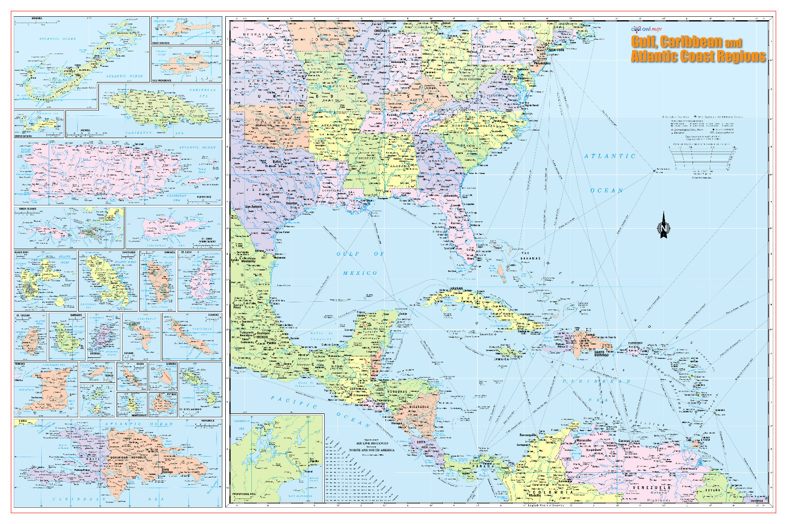 Gulf, Caribbean & Atlantic Coast Regions Wall Map Poster 36x24 Laminated gallery