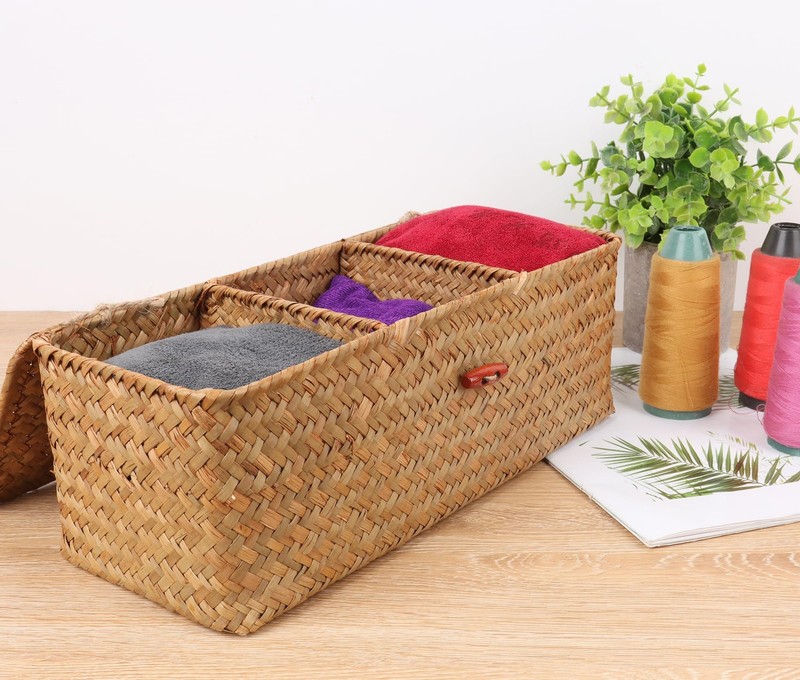 Wicker Shelf Baskets with Lid,Rectangular Seagrass Woven Storage Baskets with... gallery
