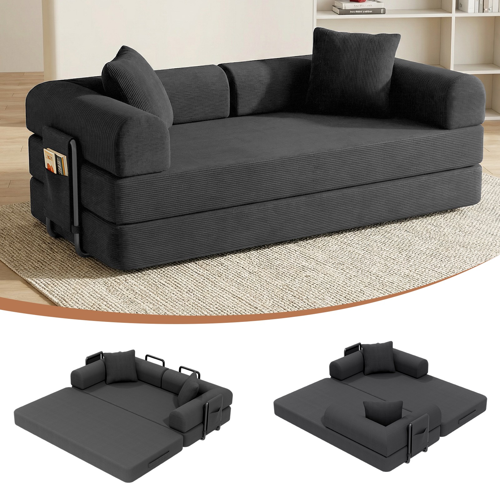 King Modern Compression Sofa Foam Filling Corduroy Pull Out Couch Sleeper Bed gallery