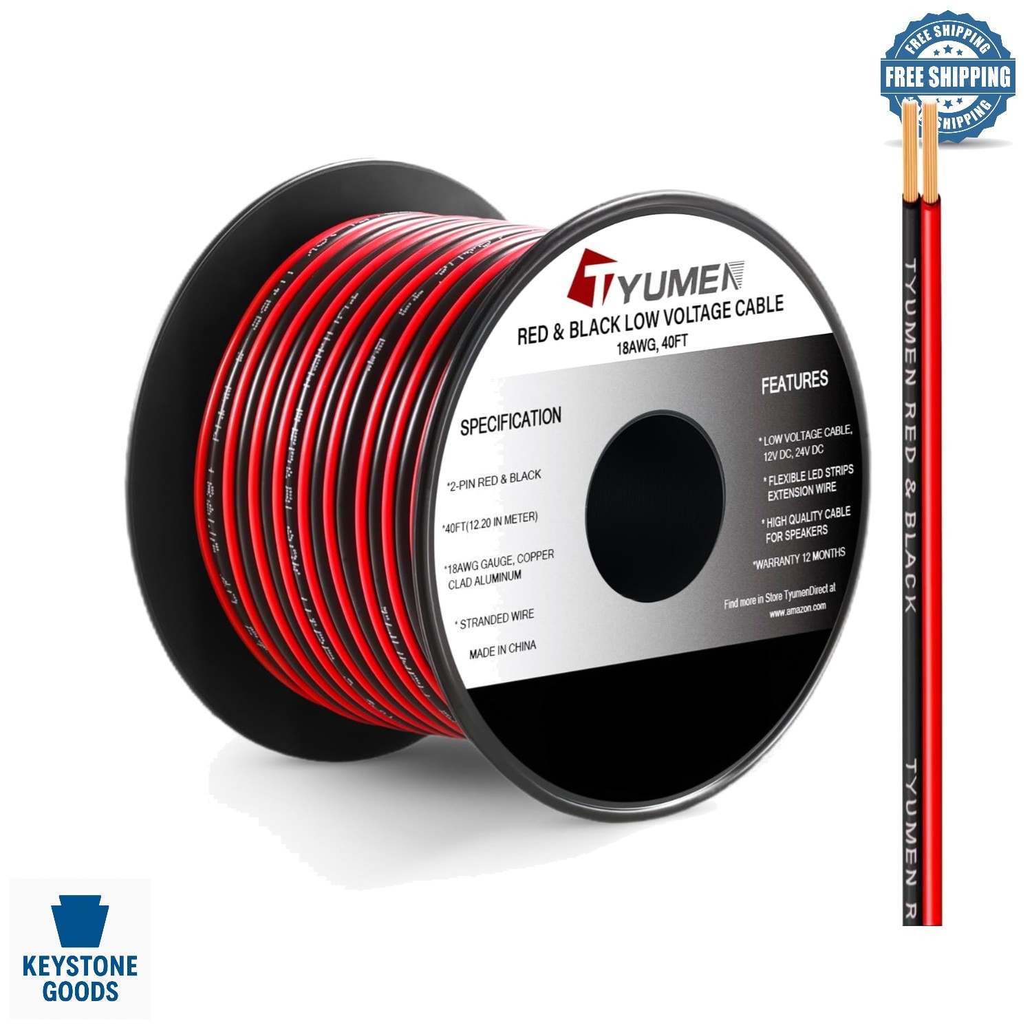 40ft 18AWG Red & Black LED Strip Extension Cable for 12V/24V DC Lighting gallery