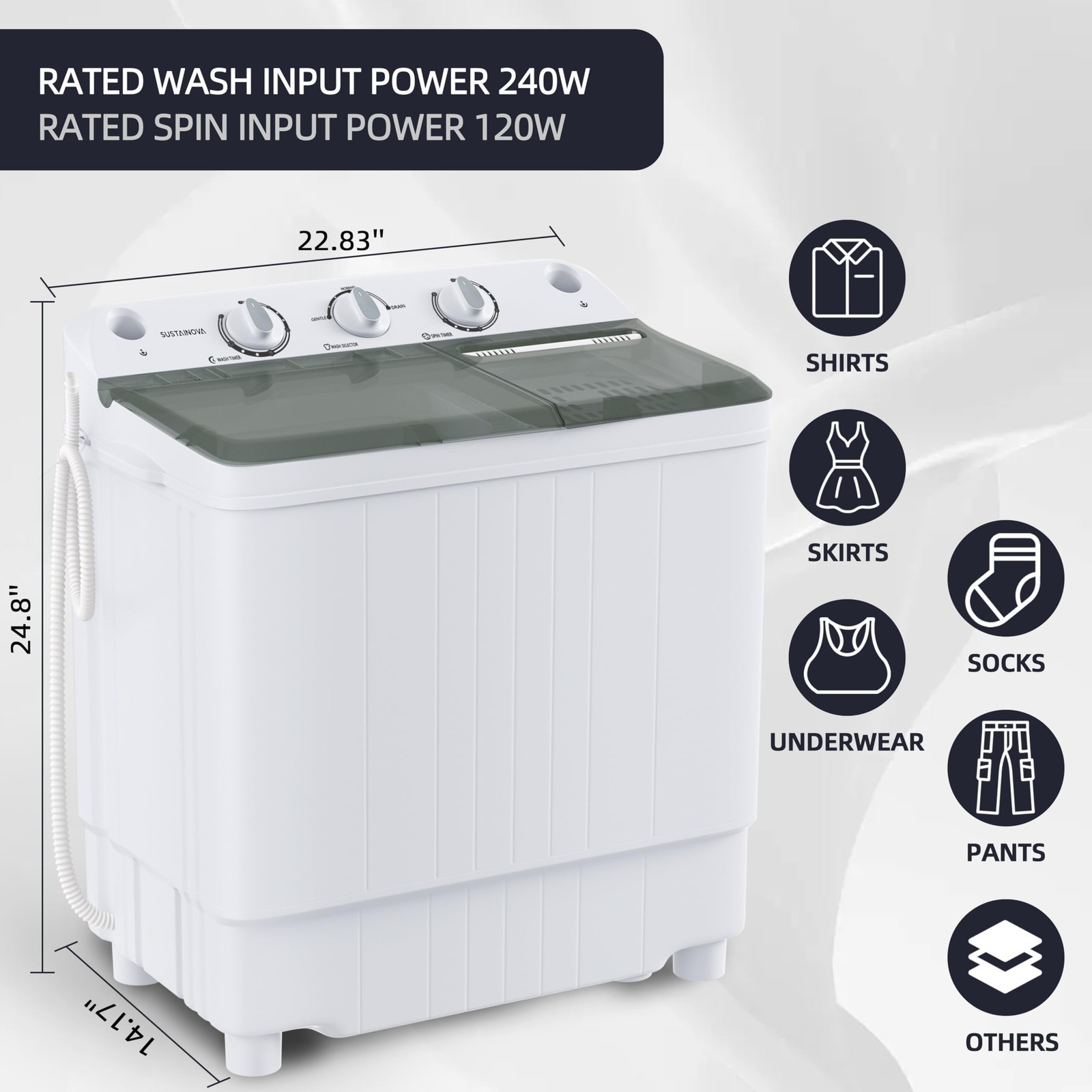 Elevon Portable Washing Machine Twin Tub 9.9 Lbs Capacity, (7.7 Lbs) and Spinner gallery