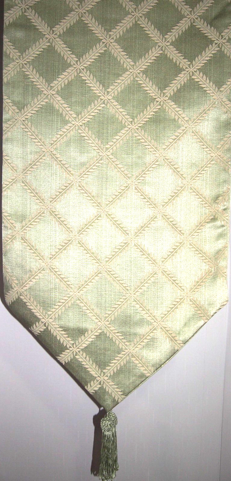 Damask/Brocade Light Green Laurel Reversible 90" x 14" Table Runner With Tassels gallery