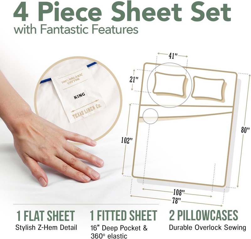 100% Organic Cotton Percale Sheets King Size - Crisp & Cooling 4 PC Set gallery