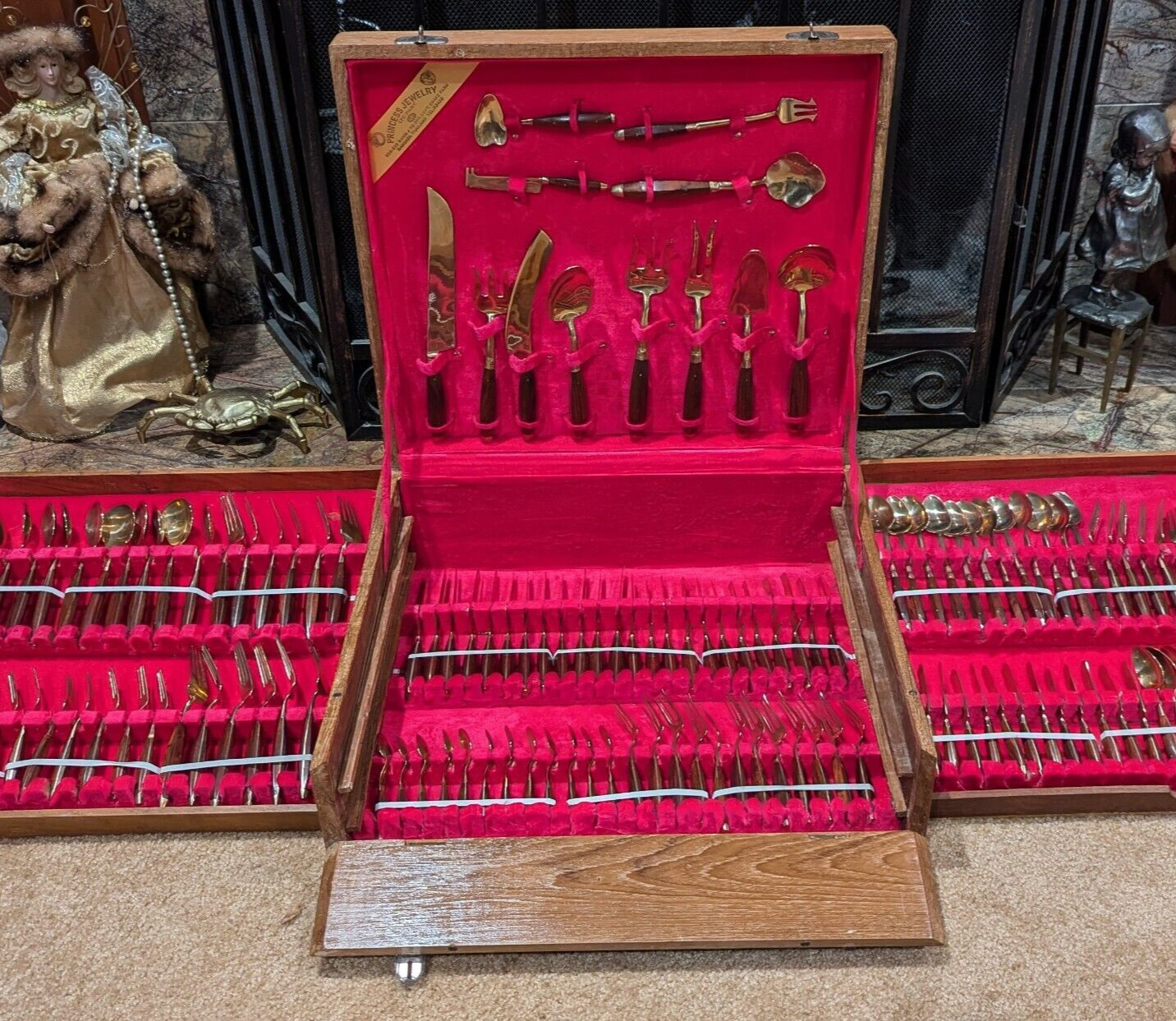 Complete 144 Pc Set Brass & Rosewood Flatware Service for 12 with Host Set & Box gallery