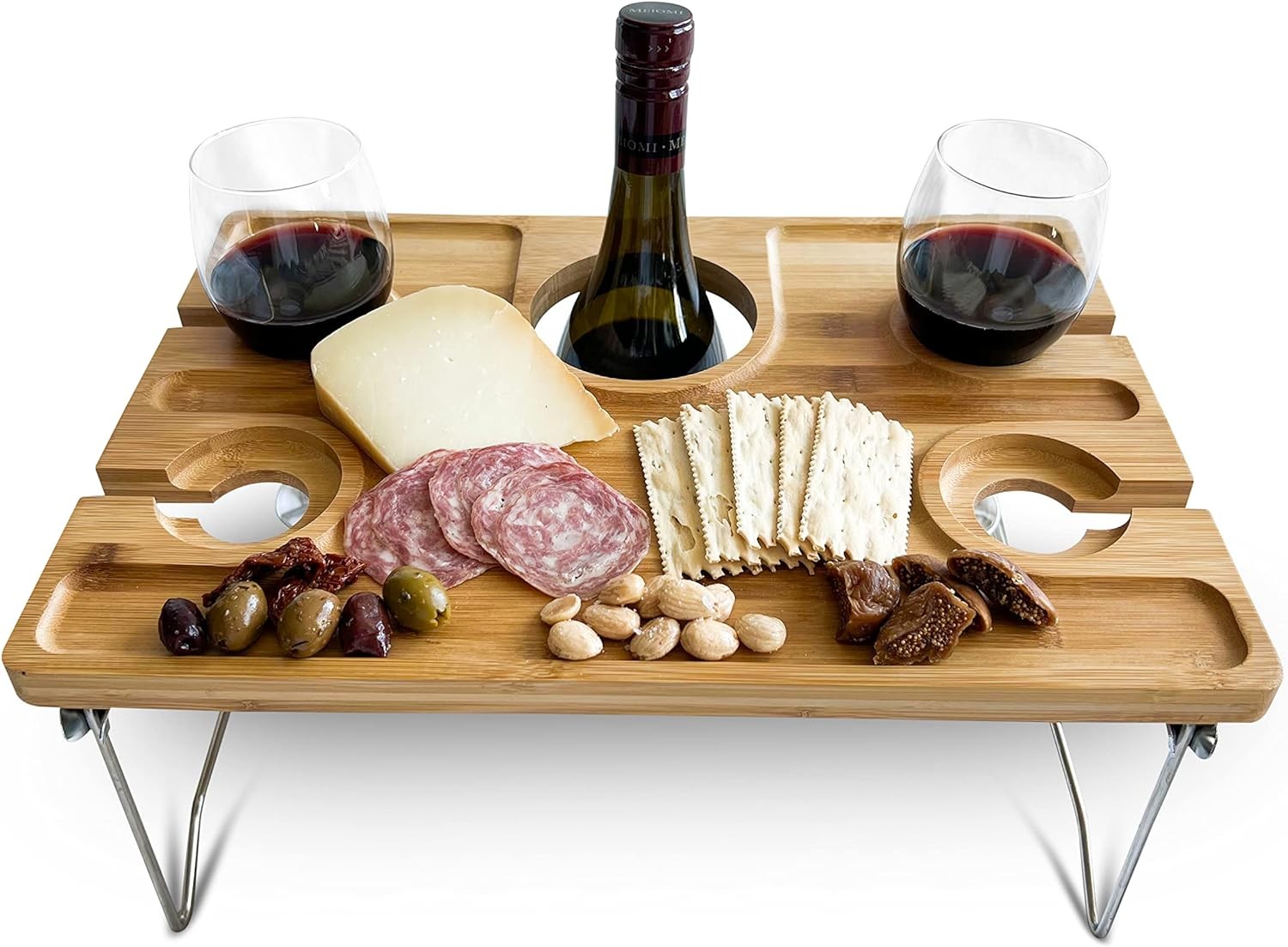 Travel-Friendly Wine Table - Bamboo Folding Snack Tray with Glass & Bottle Slots gallery