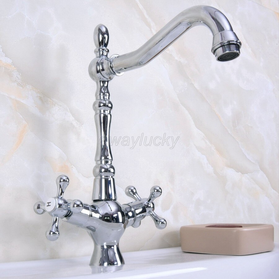Chrome Brass 2 Cross Handles Kitchen Sink Faucet Swivel Deck Mounted Mixer Tap gallery