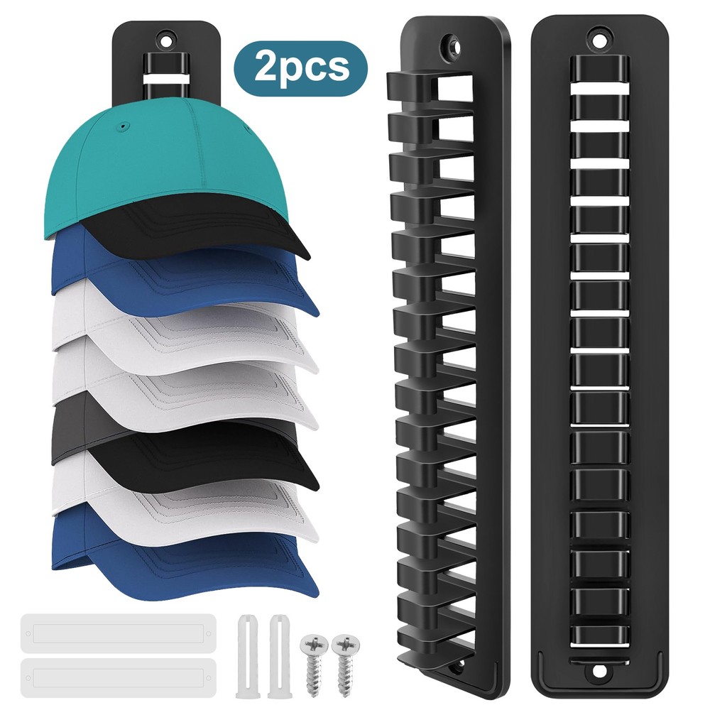 2PCS Wall-Mounted Baseball Cap Organizer Rack 16-Hat Holder with Strong Adhesive