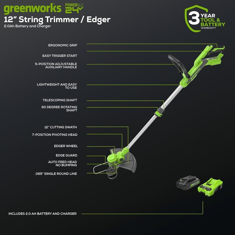Ultra-Light 6 lbs 24V String Trimmer & Edger - Battery Included, Instant Start gallery