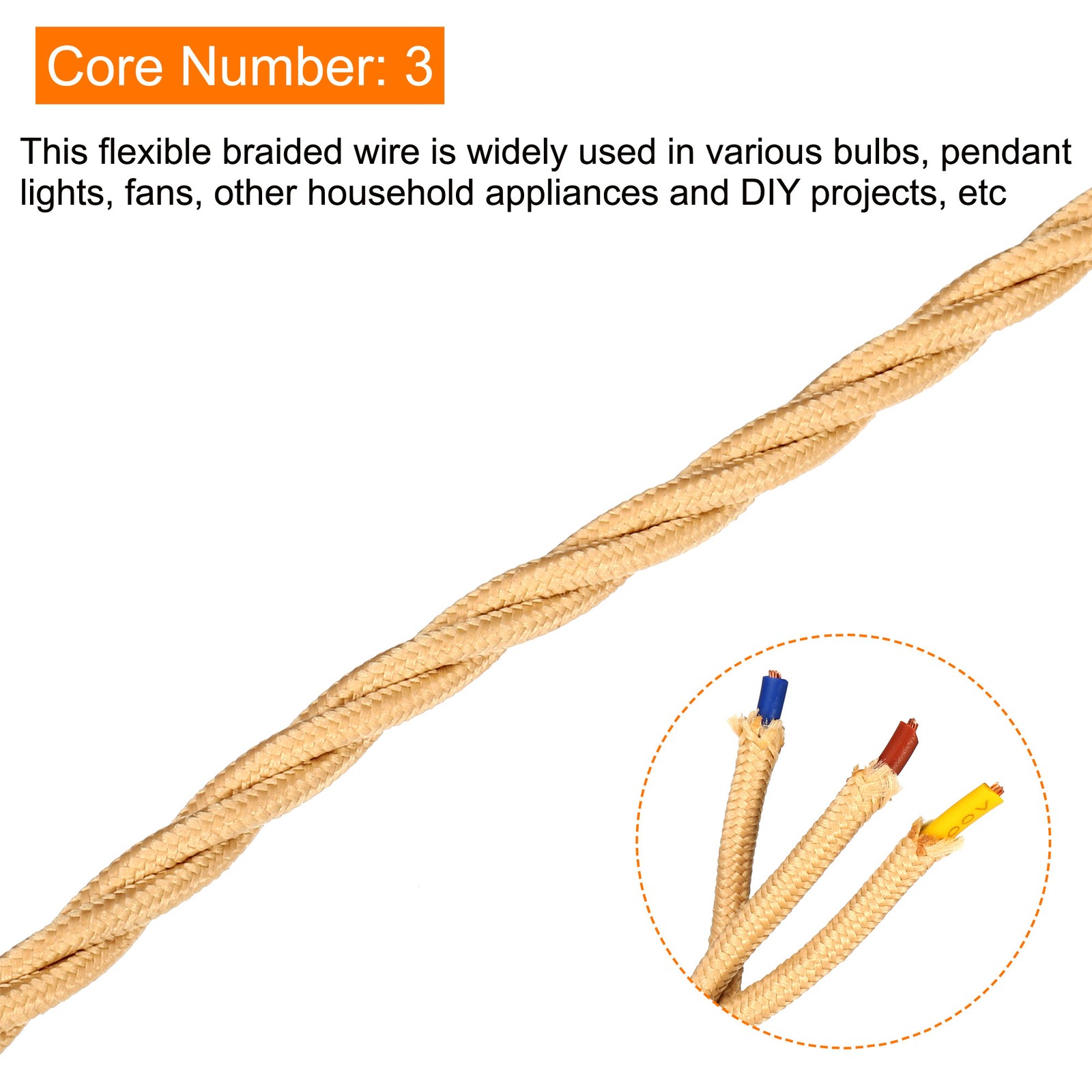 Twisted Cloth Covered Wire 3 Core 18AWG 5m/16.4ft Electrical Cable Apricot gallery