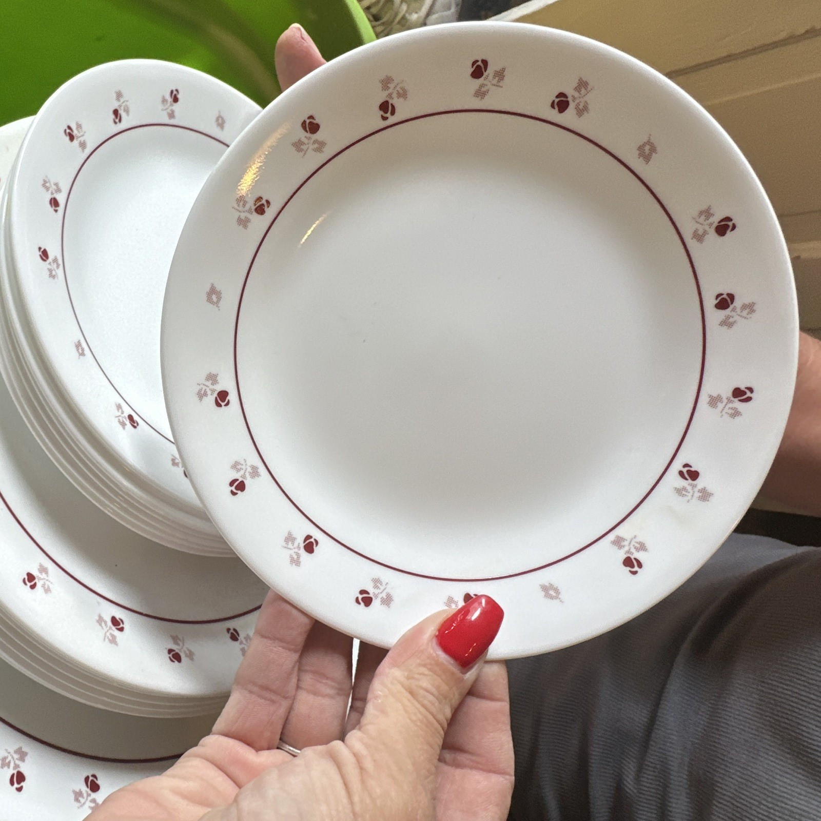 Ceramic Dinner Plate White with Burgundy Rim Floral Border, Round Smooth set 8 gallery