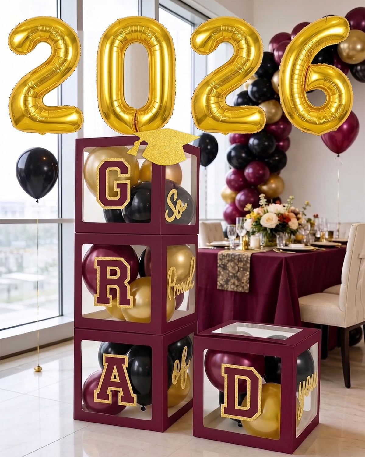 Maroon Black Gold Graduation Balloon Arch Kit 2026 GRAD Boxes Decor Set gallery