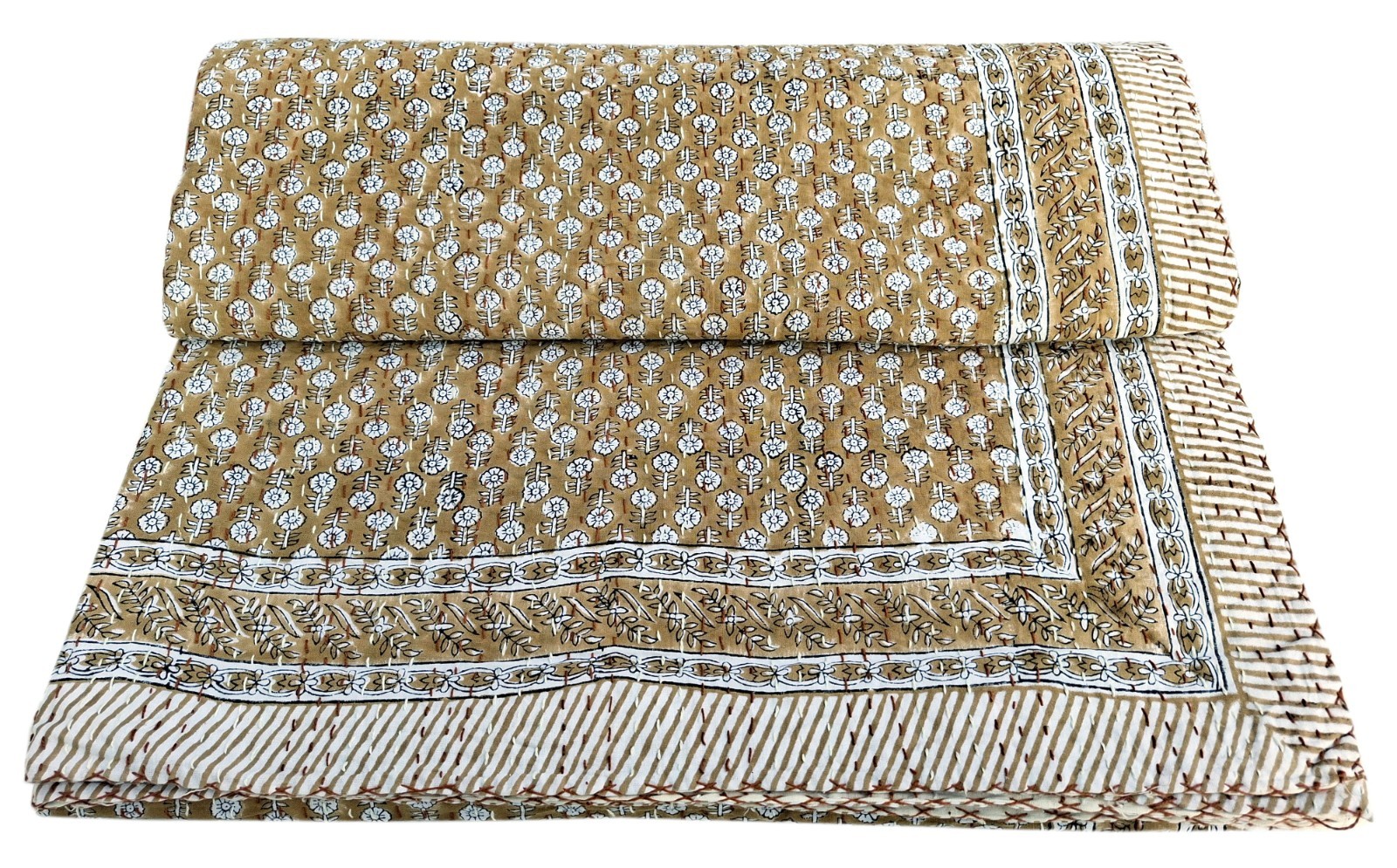 Indian Block Print Reversible Kantha Quilt Handmade Bedspread Throw Blanket gallery