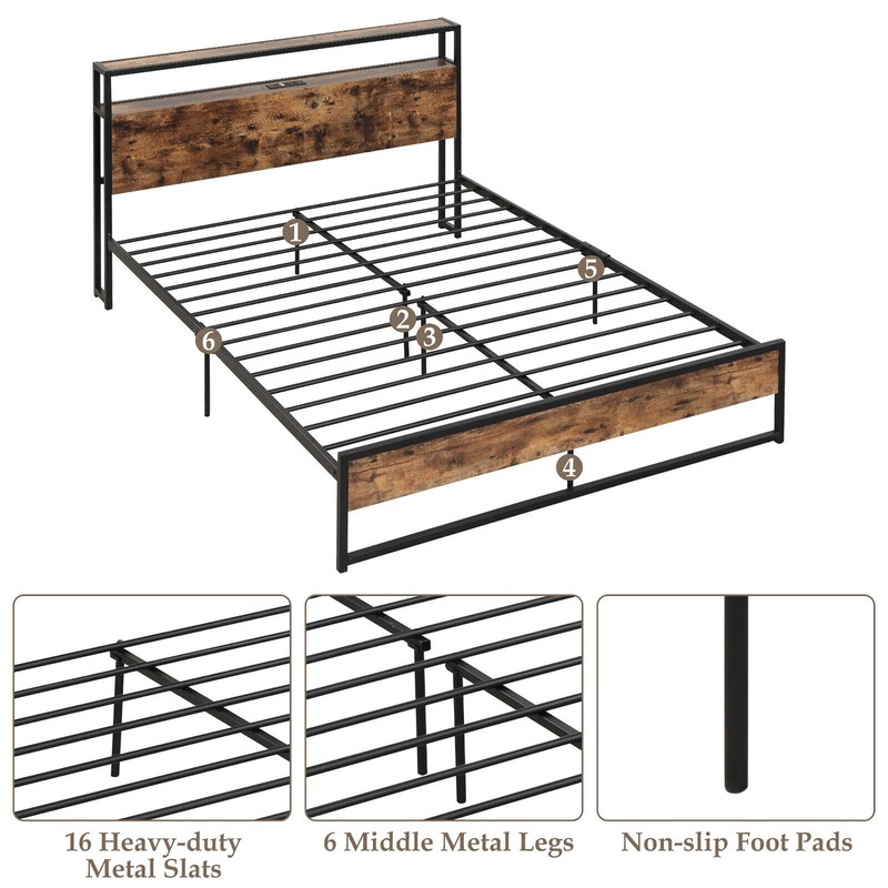 Queen Size Industrial Platform Bed Frame with Charging Station Storage Headboard gallery