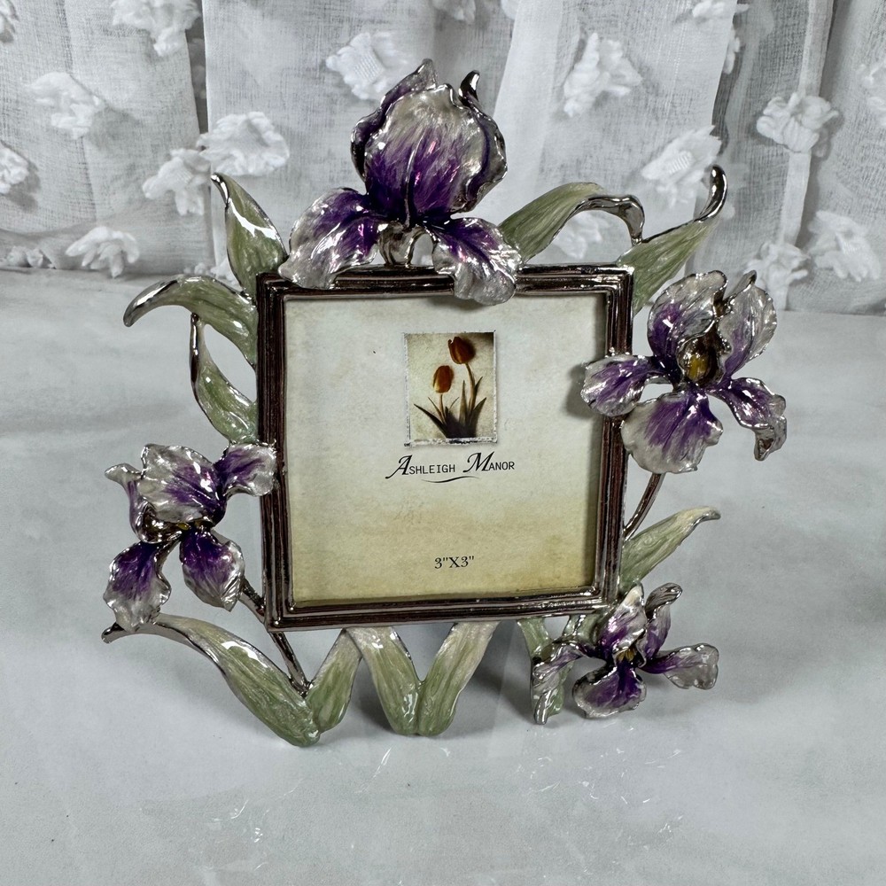 Ashleigh Manor Silver Tone Enameled Iris Photo Frame Floral 3x3 Picture Desktop