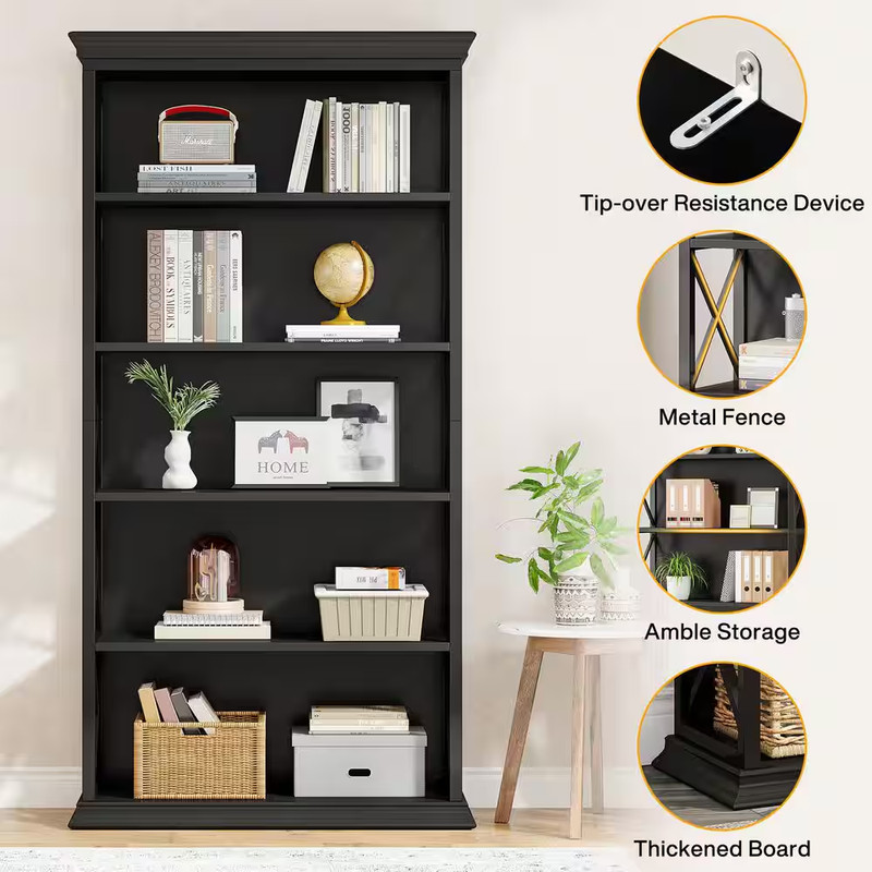 Eulas 70.9 In. Tall Black Engineered Wood 5-Shelf Etagere Bookcase Metal Frame, gallery