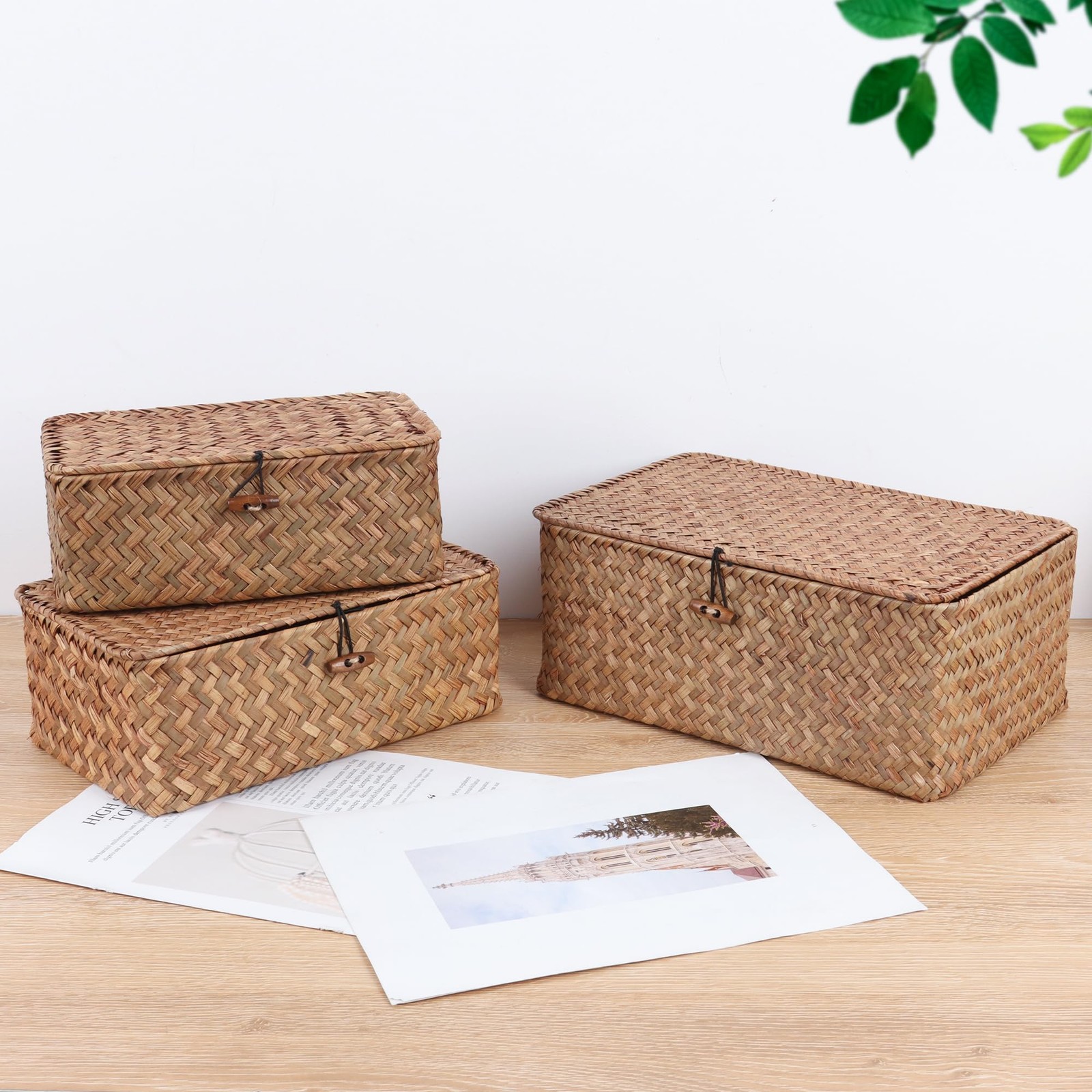 FEIALNDUO Wicker Shelf Baskets with Lid,Seagrass Storage Basket Bins Rectangu... gallery