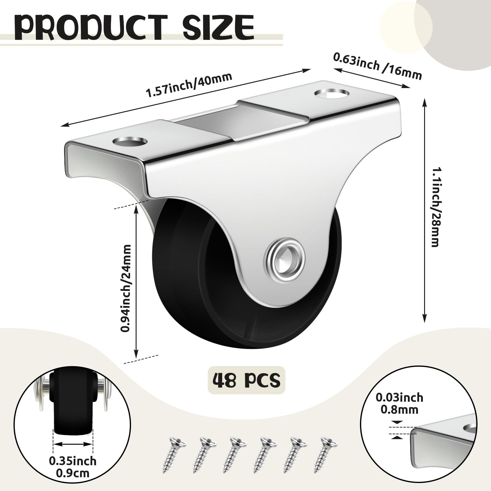 48 Pack 1 Inch Caster Wheels Rigid Non Swivel Fixed Casters with Metal Top Plate gallery