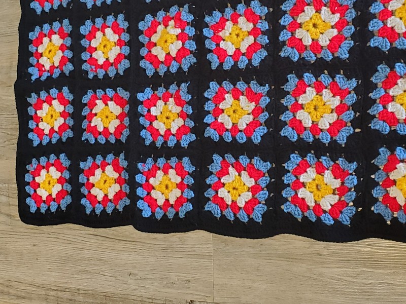 Handmade Granny Square Afghan Throw Blanket Black Trim 48"x56” Vintage gallery
