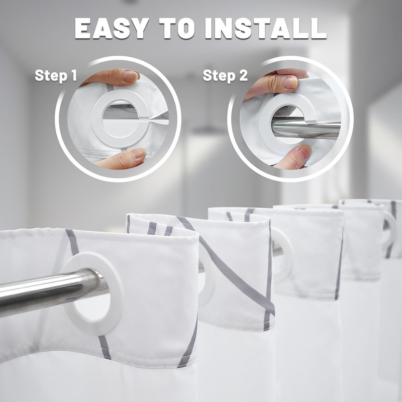 No Hook Grey White Striped Shower Curtain with Snap in Fabric Liner Set - Hotel gallery