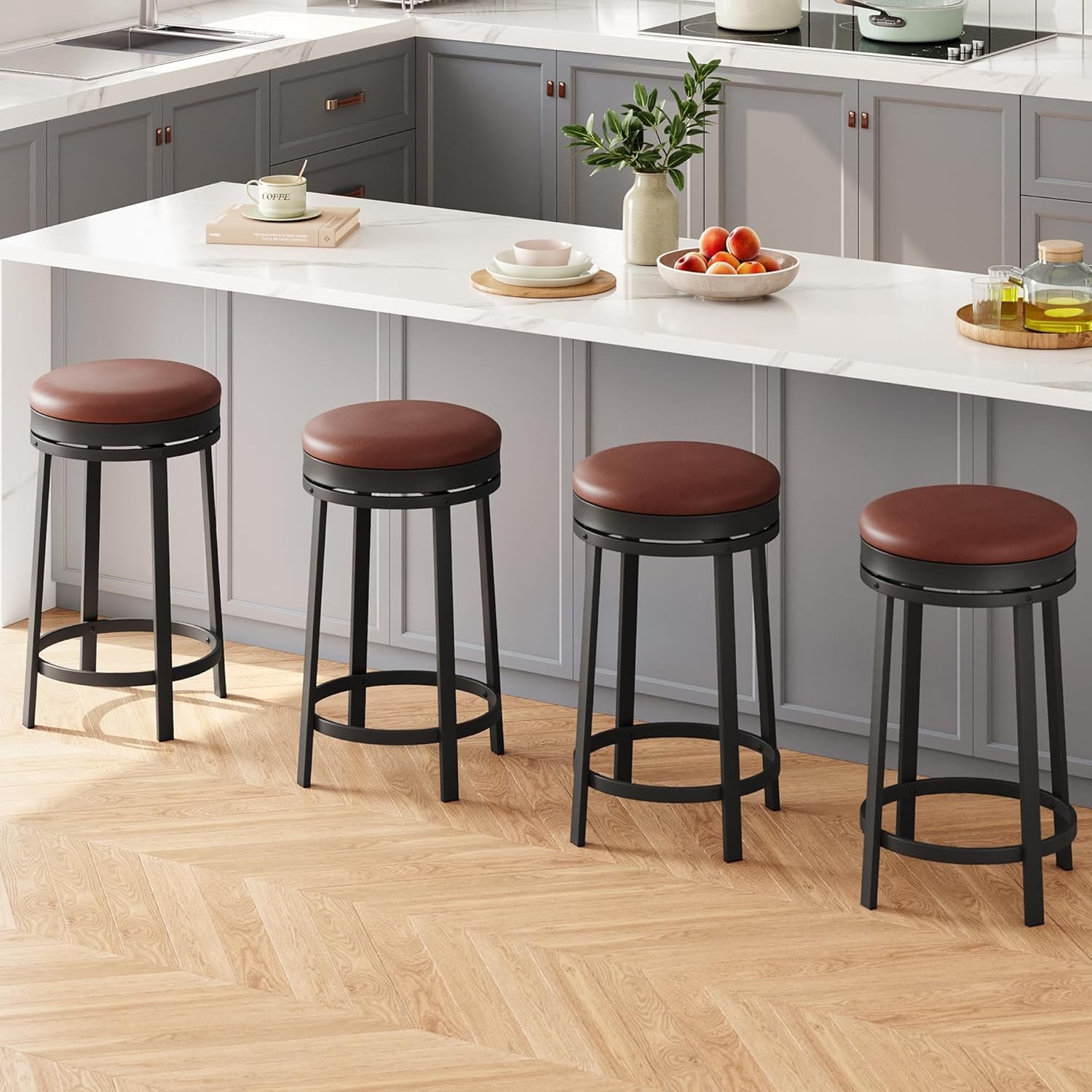 4x Bar Stools 24.4 in Counter Height Bar Stool,Upholstered PU Leather Cushion gallery