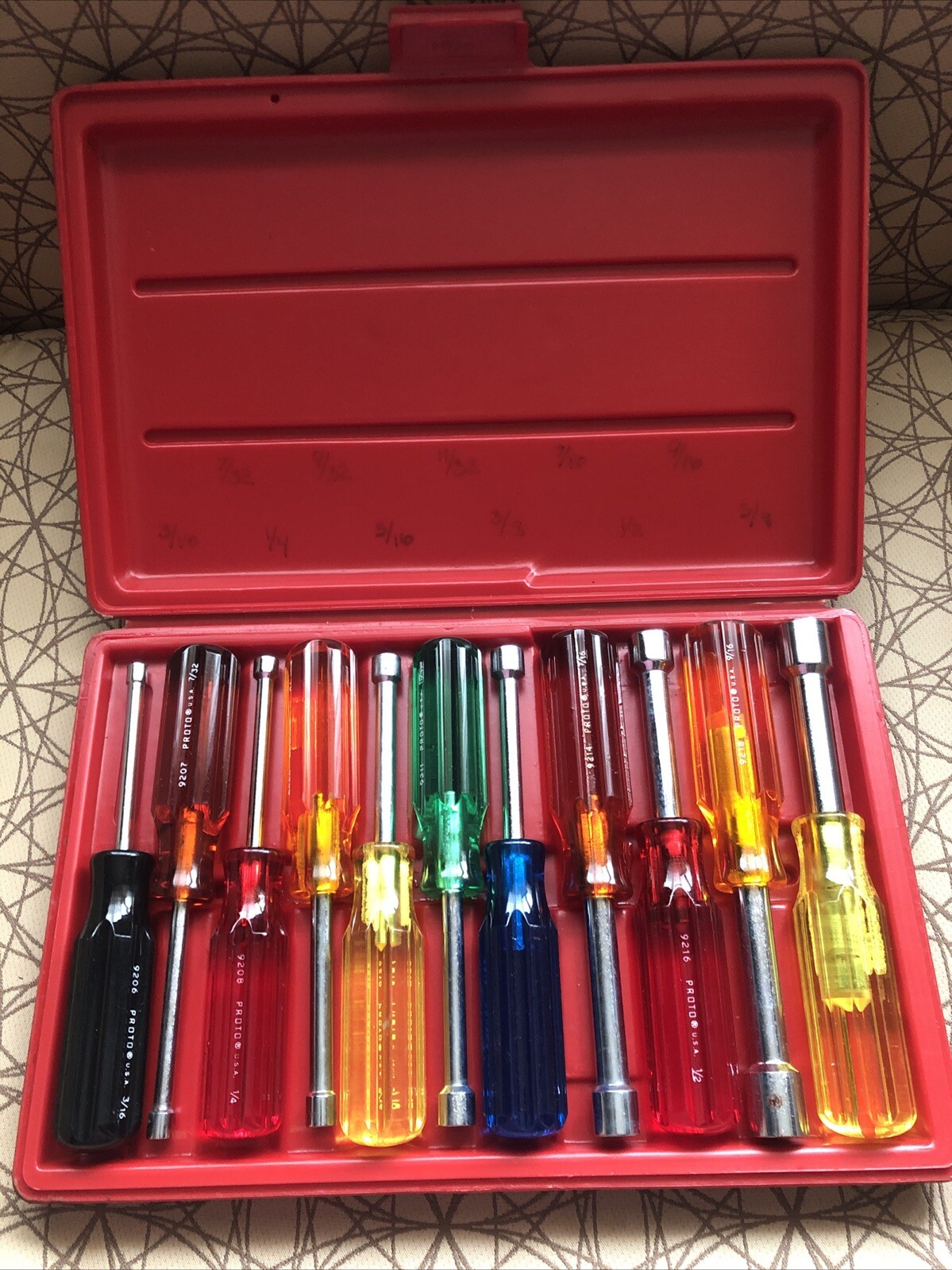 PROTO 11 Piece Solid Round Shank Nut Driver Set 3/16" to 5/8" J9200DB with case. gallery
