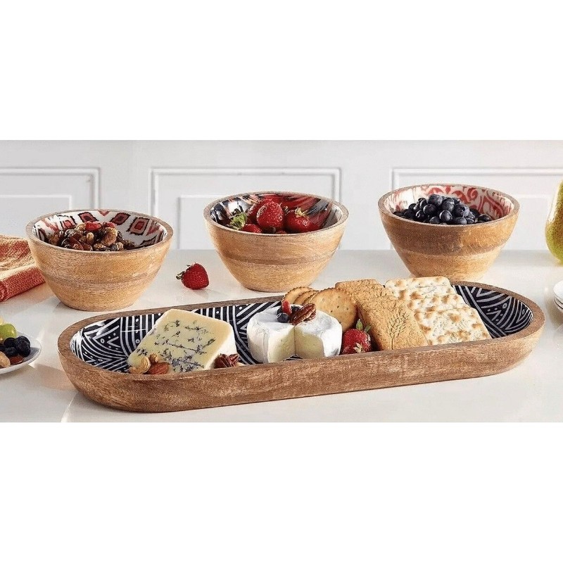 MESA Mango Wood Serving Set 4 Piece Ikat Geometric Patterns Tray & 3 Bowls NEW gallery