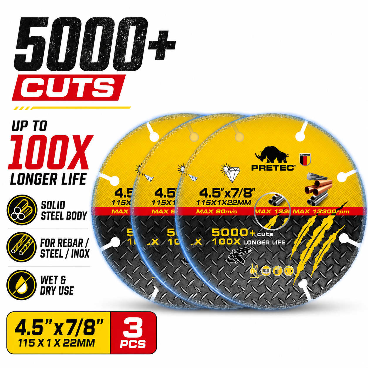 3 Pack Diamond Cut Off Wheel 3/4.5/5 in Ultra Thin Metal Blade Rebar Steel INOX gallery