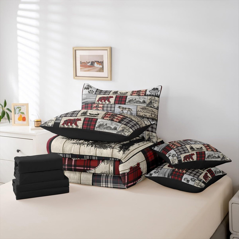 Rustic Cabin Queen Comforter Set 7 Piece Red Black Farmhouse Buffalo Plaid Beddi gallery