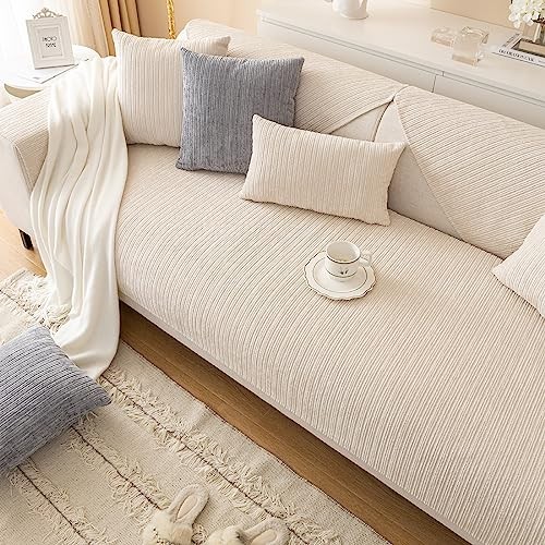Soft Chenille Sofa Couch Cover Solid Color Striped Weave 27"x47" Cream gallery