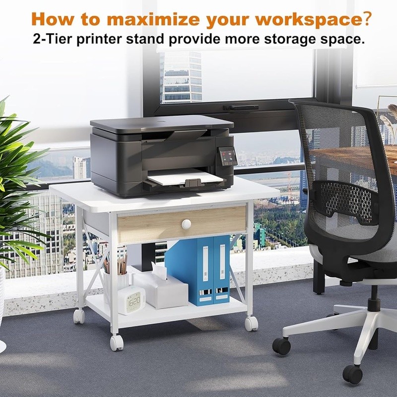 2 Tier Printer Stand W/ Rolling Casters & Under Desk Storage Home Office New gallery