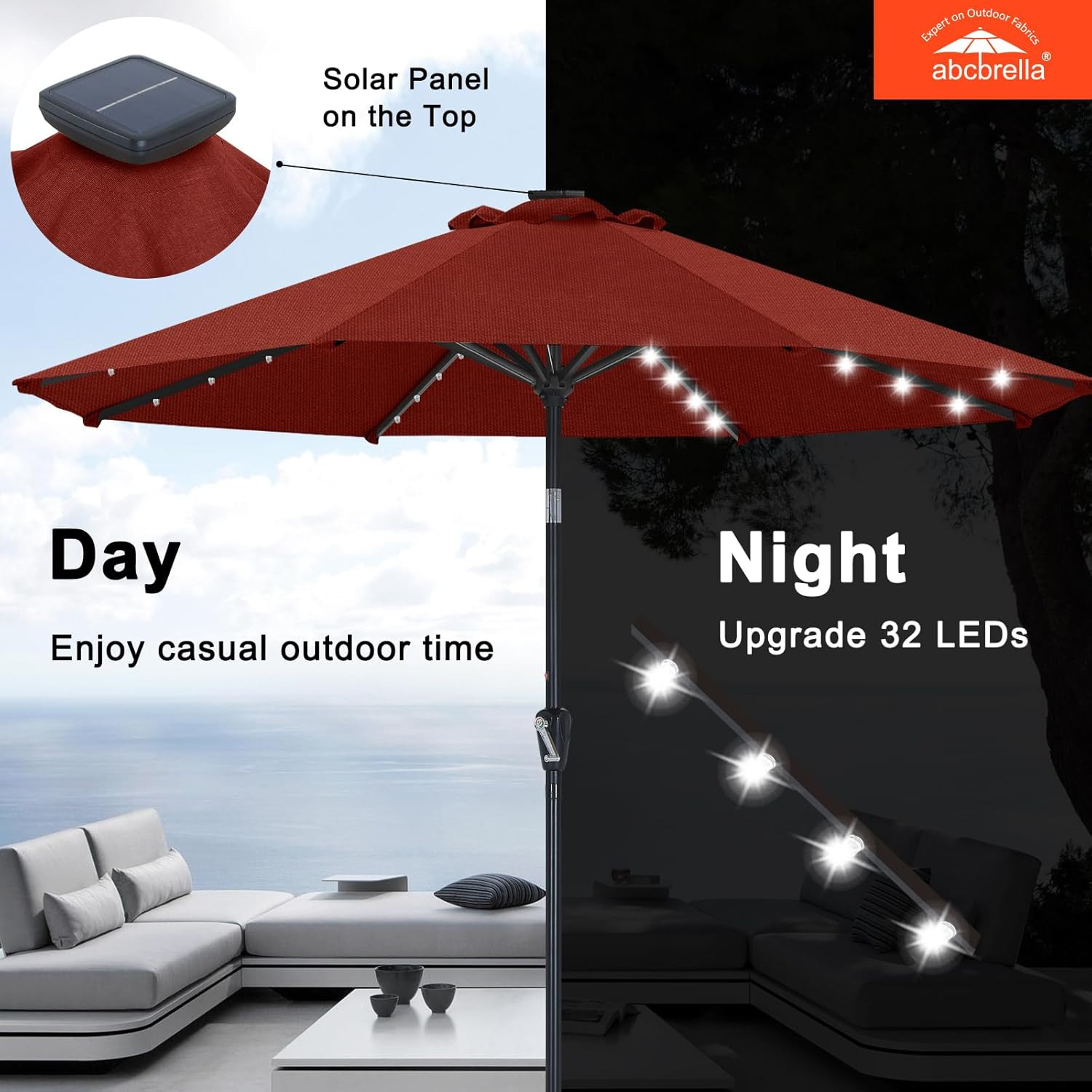 Burgundy OLEFIN® 5-Year Fade-Resistant Patio Umbrella with Solar Lights gallery