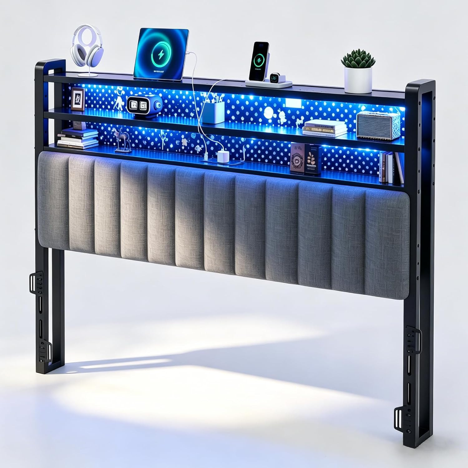 VINGLI Queen LED Headboard with 3 Storage Shelves & Charging Station, Modern Uph gallery