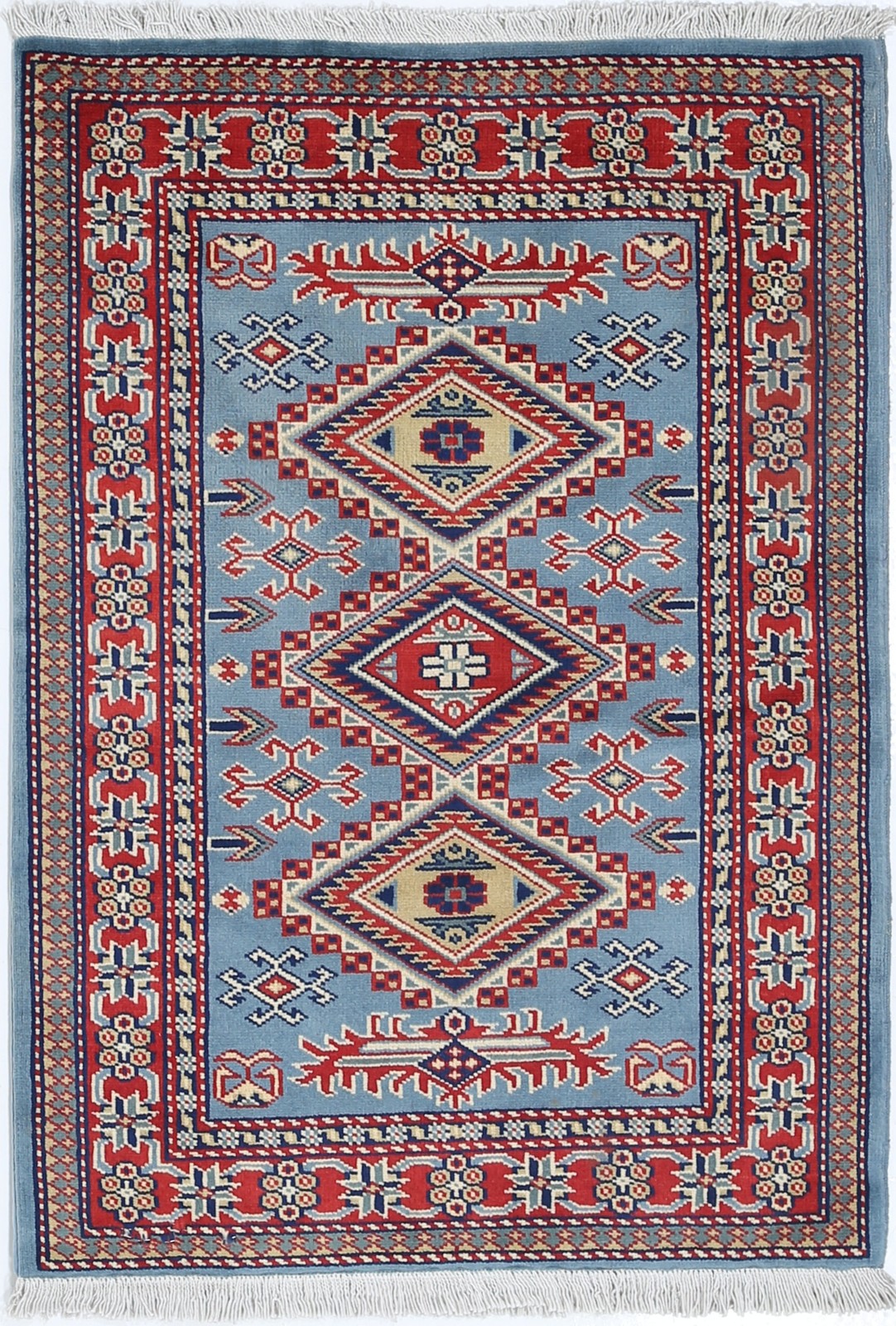 2x3 ft Handmade Blue, Red, Ivory Wool Accent Rug with Geometric Medallion Design gallery