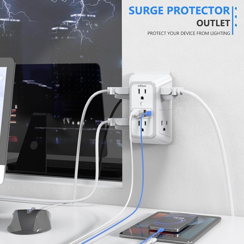 6 Outlet Extender Surge Protector Multi Plug Wall Adapter USB Charger Ports with gallery