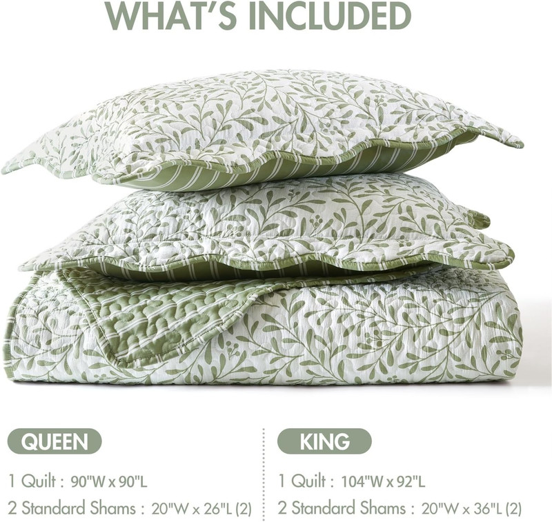 3-Piece Reversible Quilt Set, Botanical Print & Scalloped Edge, Lightweight Summ gallery